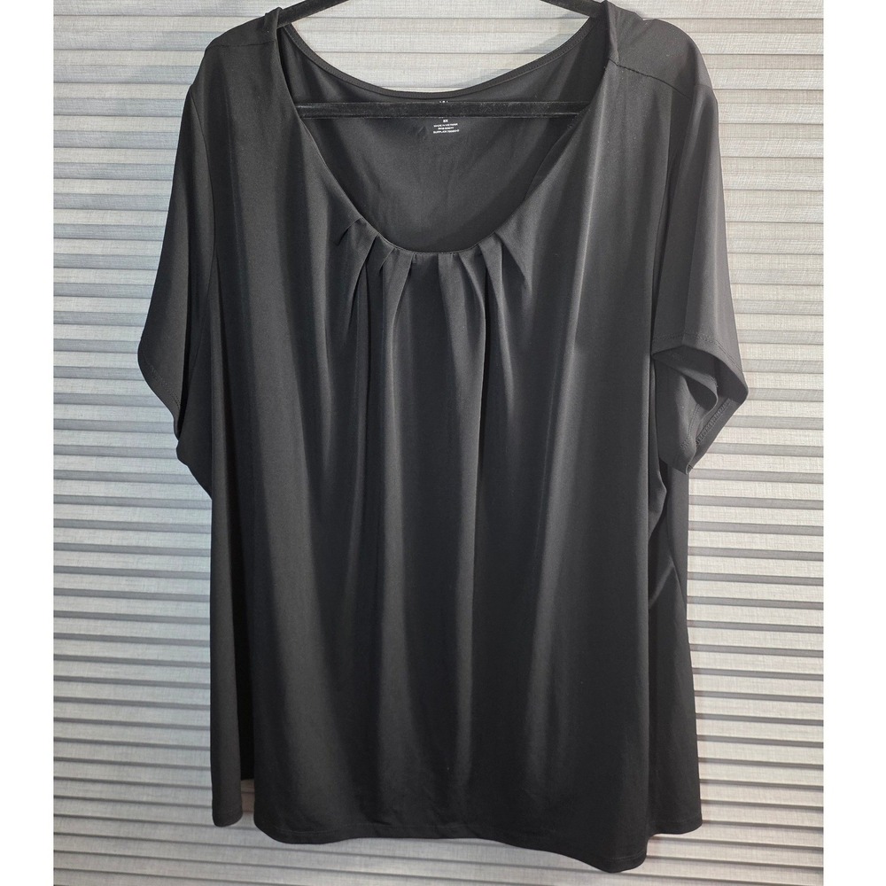 Worthington Woman Blouse Plus Size 5X Black Pleated Scoop Neck Short Sleeve